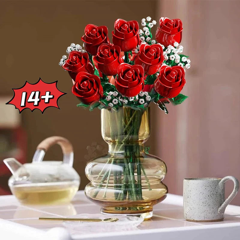 Creative Icon Rose Bouquet 10328 Brick Set Artificial Flowers for Home Decoration Anniversary Birthday Gifts
