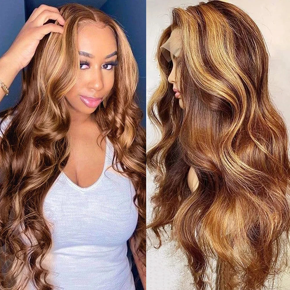 Highlight Brown Body Wave T Part Lace Front Wig Human Hair Wigs For Women Pre Plucked Honey Blonde Colored Cheap Hair Wigs