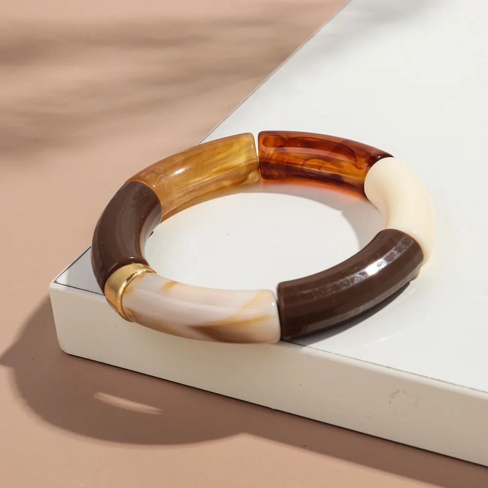 New Big Bamboo Tube Acrylic Stack Bracelet for Women Men Vintage Colorful Resin Chunky Elbow Bead Elastic Bangle Couple Jewelry