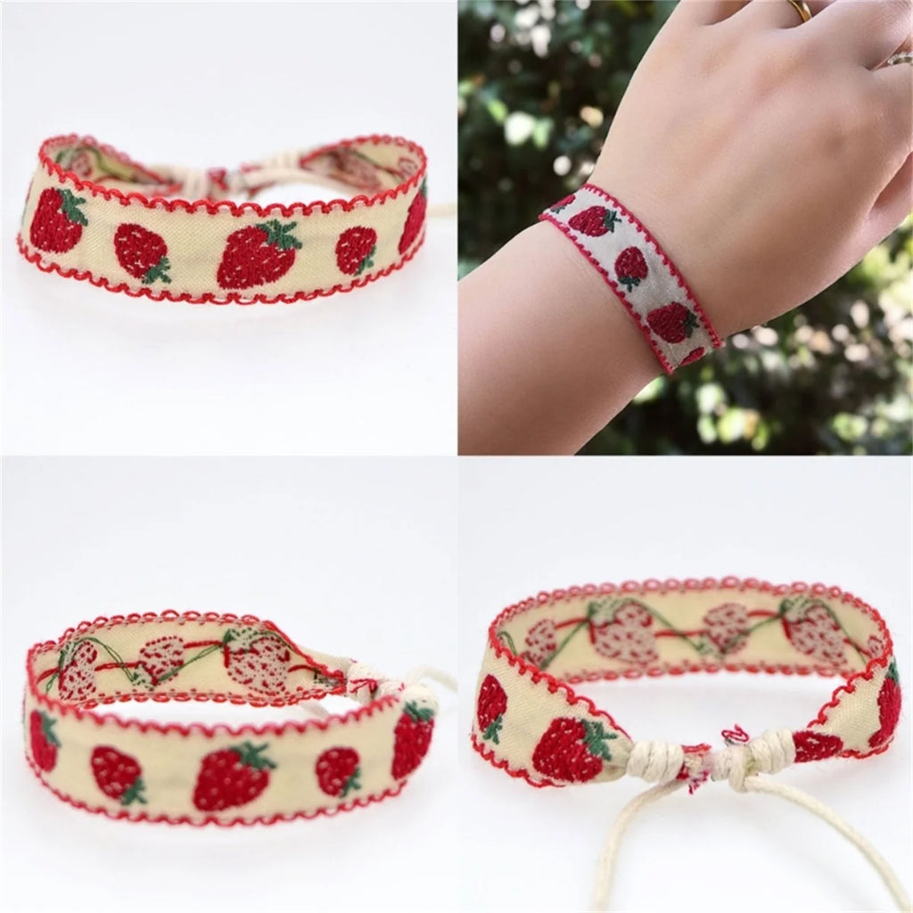 1pcs Boho Strawberry Flower Embroidered Bracelet for Kids Handmade Braided Bracelet