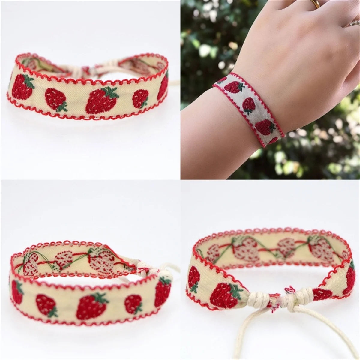 1pcs Boho Strawberry Flower Embroidered Bracelet for Kids Handmade Braided Bracelet