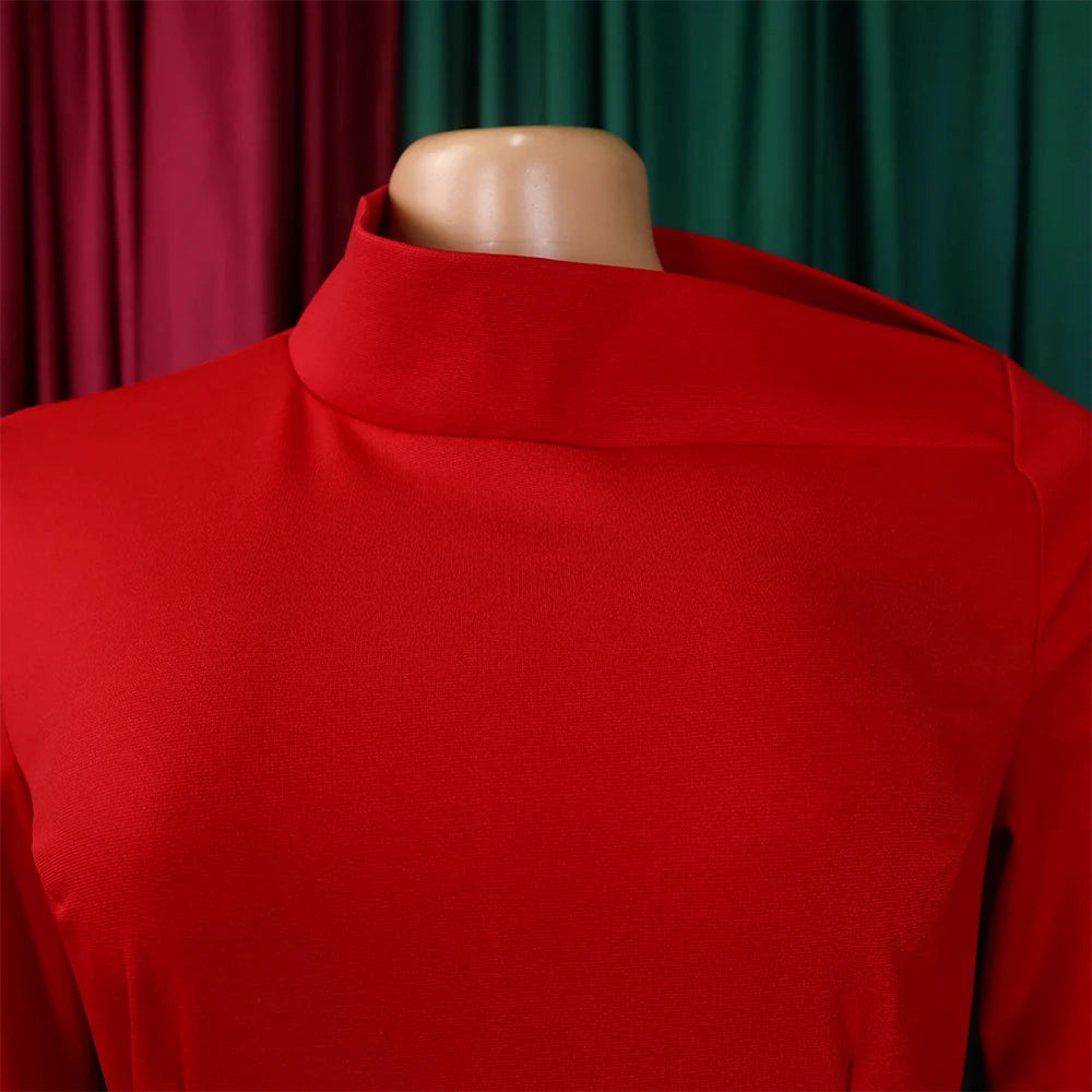 Dresses for Women 2024 New Skew Collar Full Sleeve Solid Sheath Package Hips Mid Calf Professional African Business Work Dress