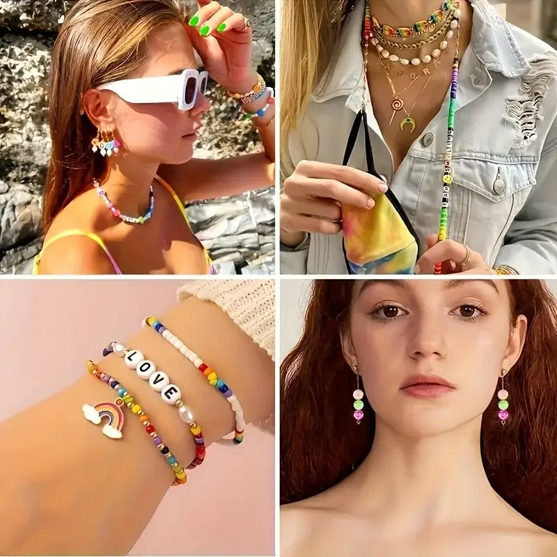 1200 Pcs Polymer Clay Beads Bracelet Making Kit, Animal Fruit Flower Butterfly Bunny Pony Letter Beads Charms for Jewelry making