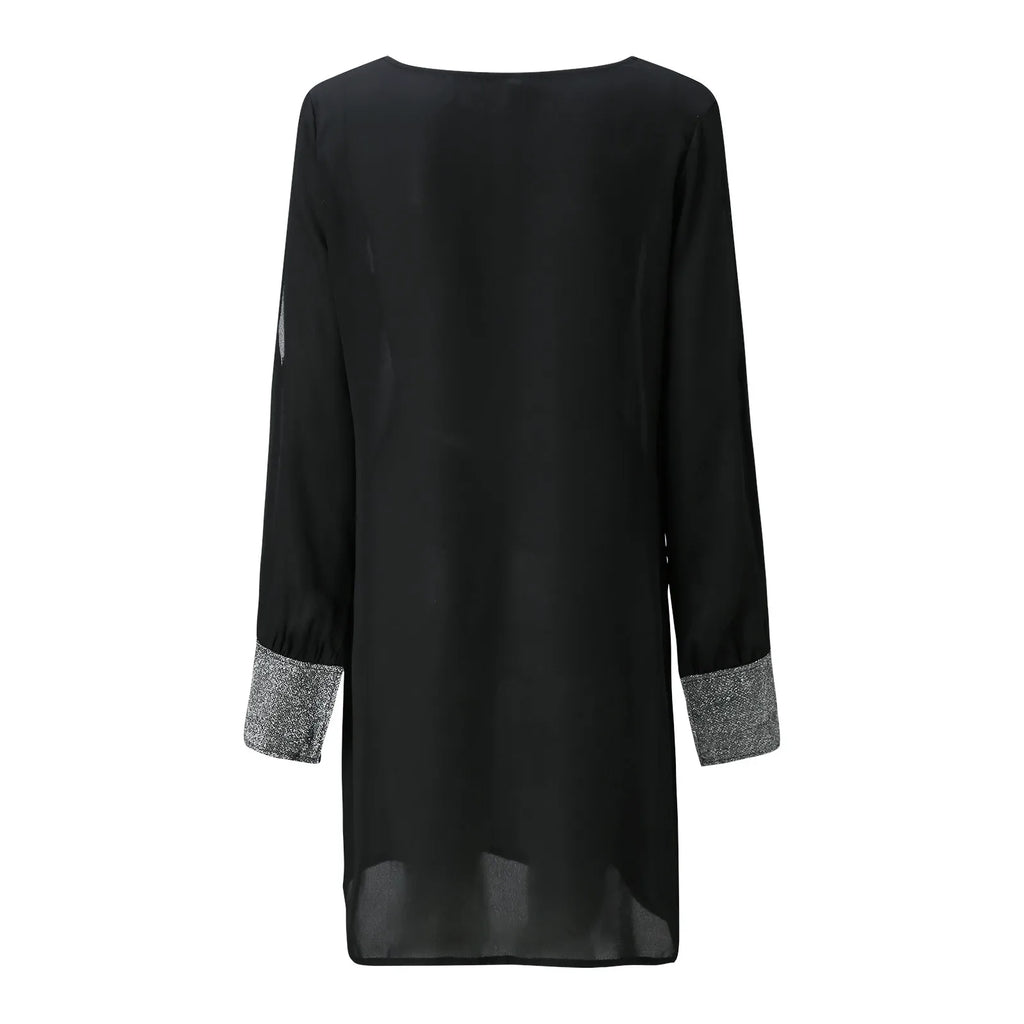 Dresses For Women 2025 Elegant Shiny Mesh Stitching Long Sleeve Robe Solid Color V Neck Mini Dress Evening Party Dresses Vestido