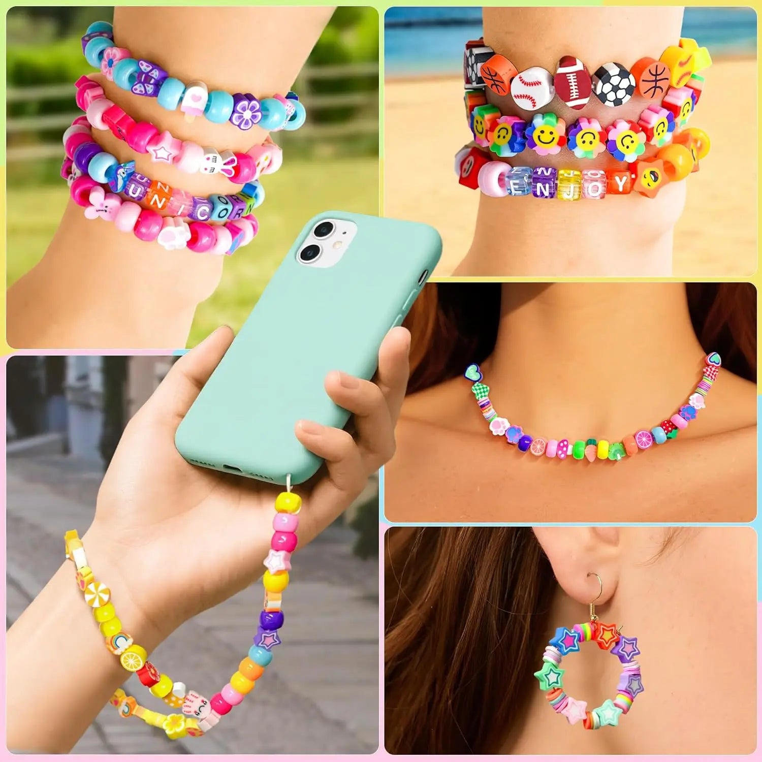 1200 Pcs Polymer Clay Beads Bracelet Making Kit, Animal Fruit Flower Butterfly Bunny Pony Letter Beads Charms for Jewelry making