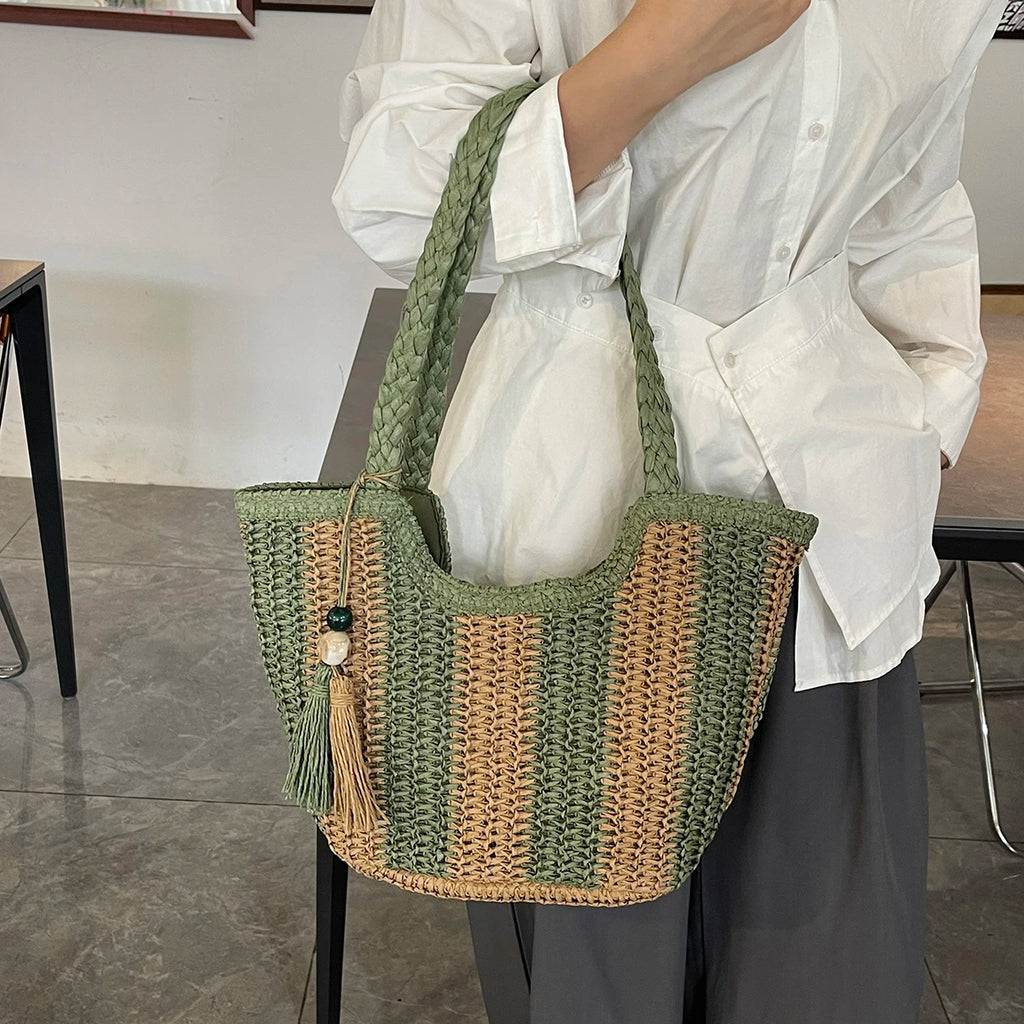 Women handbags.2025 Summer New Striped Handbag Large-capacity lightweight leisure one-shoulder straw bag holiday shopping basket