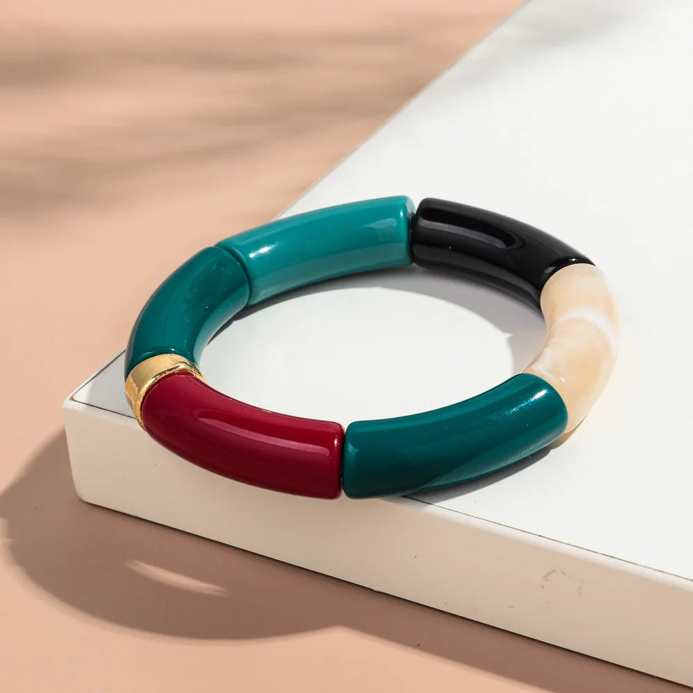 New Big Bamboo Tube Acrylic Stack Bracelet for Women Men Vintage Colorful Resin Chunky Elbow Bead Elastic Bangle Couple Jewelry