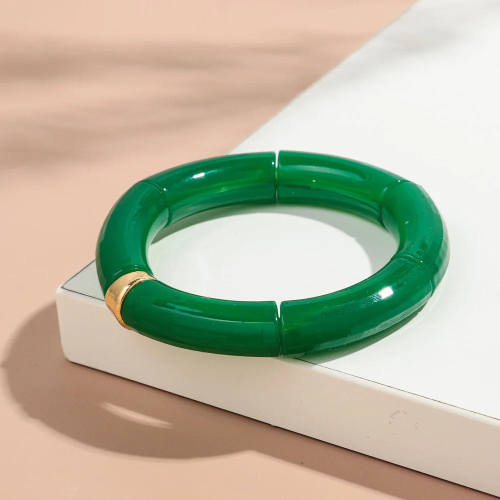 New Big Bamboo Tube Acrylic Stack Bracelet for Women Men Vintage Colorful Resin Chunky Elbow Bead Elastic Bangle Couple Jewelry