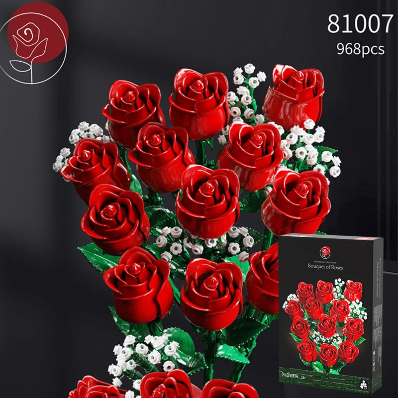 Creative Icon Rose Bouquet 10328 Brick Set Artificial Flowers for Home Decoration Anniversary Birthday Gifts