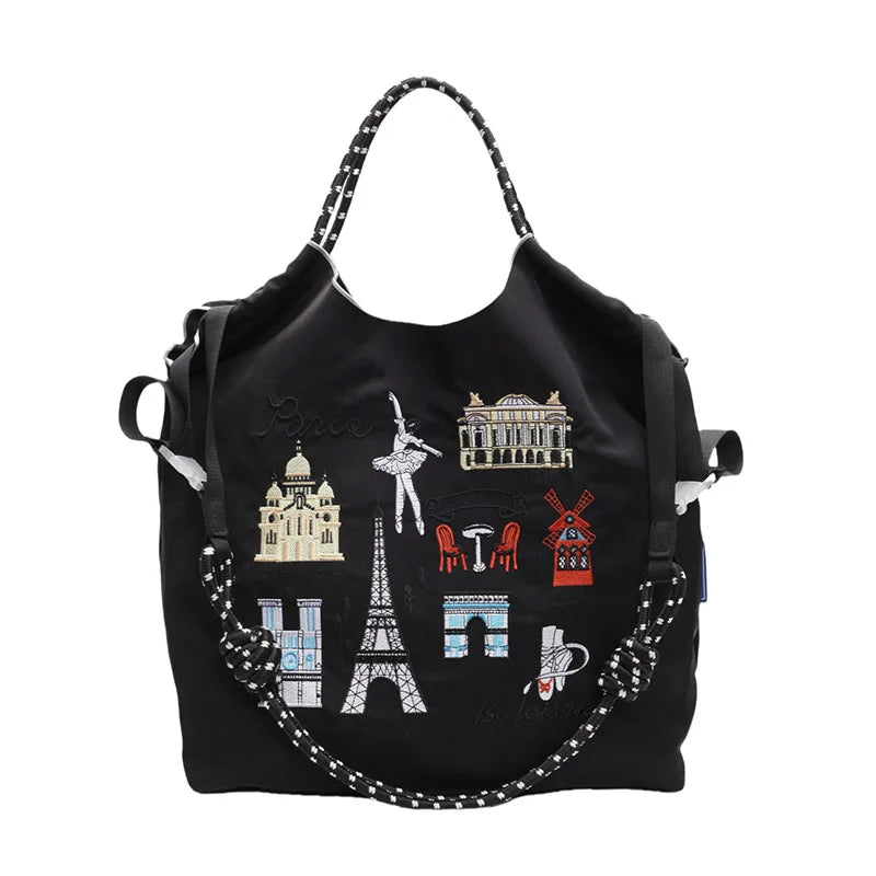 Embroidered handbags with niche designs, lightweight and portable large capacity shopping bags, fashionable retro handbags, and