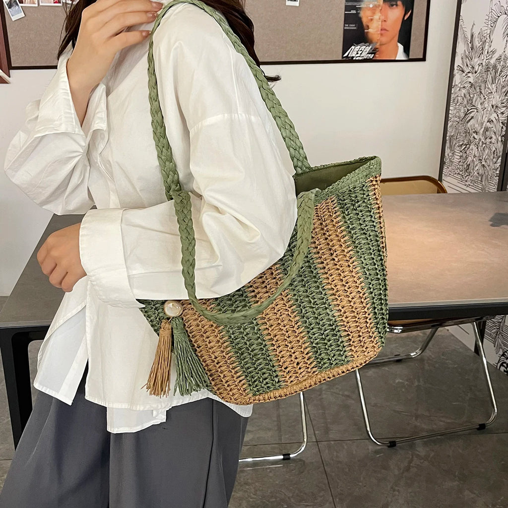 Women handbags.2025 Summer New Striped Handbag Large-capacity lightweight leisure one-shoulder straw bag holiday shopping basket