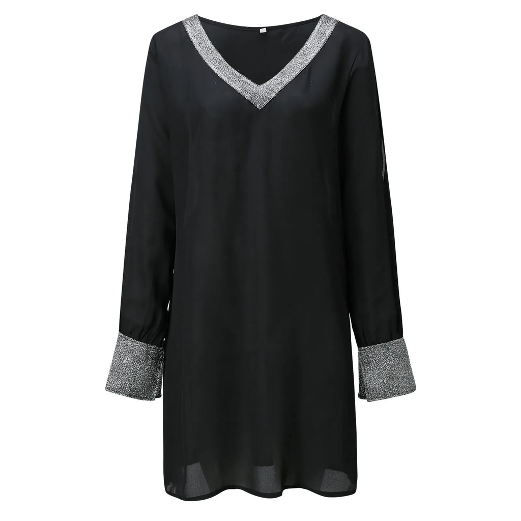 Dresses For Women 2025 Elegant Shiny Mesh Stitching Long Sleeve Robe Solid Color V Neck Mini Dress Evening Party Dresses Vestido