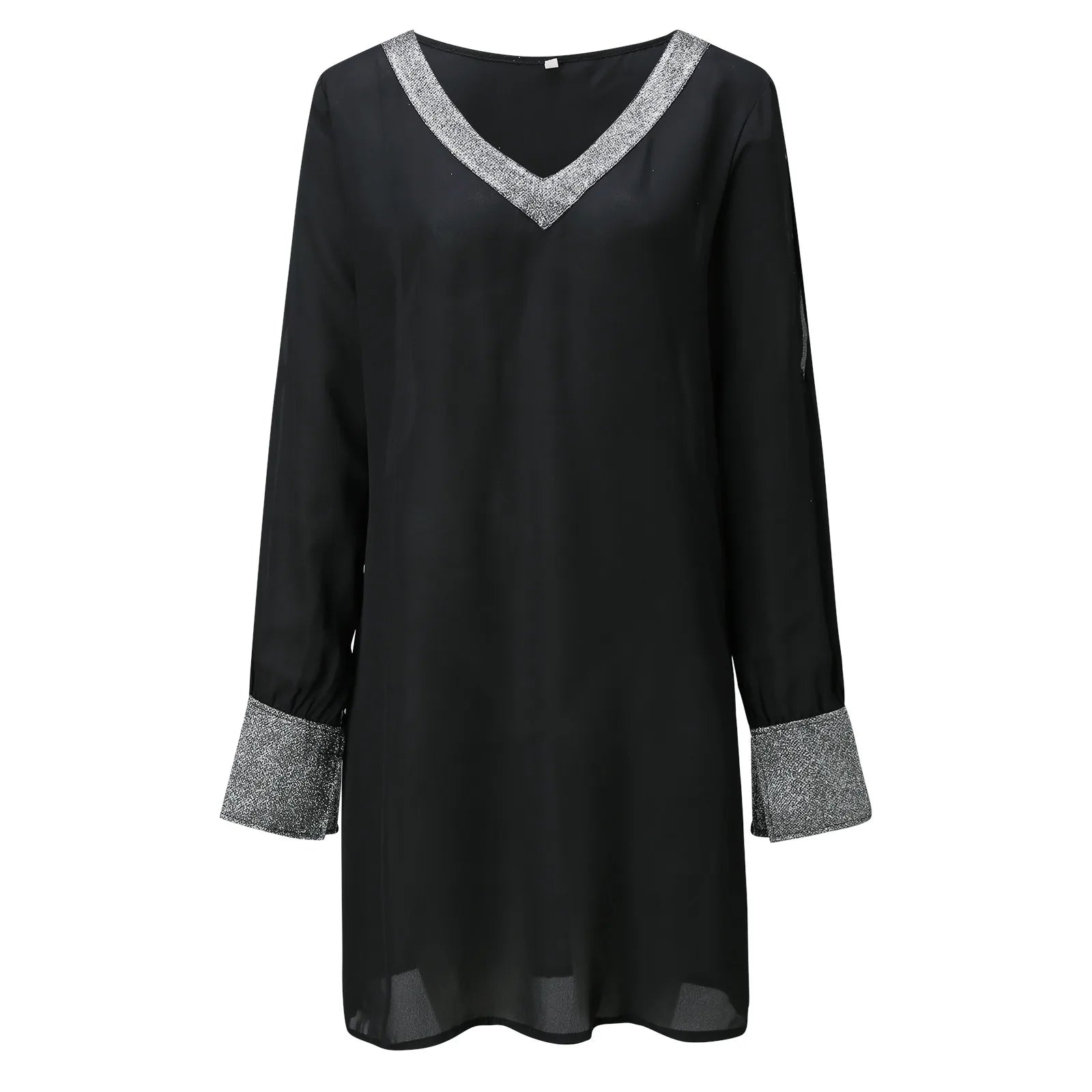 Dresses For Women 2025 Elegant Shiny Mesh Stitching Long Sleeve Robe Solid Color V Neck Mini Dress Evening Party Dresses Vestido