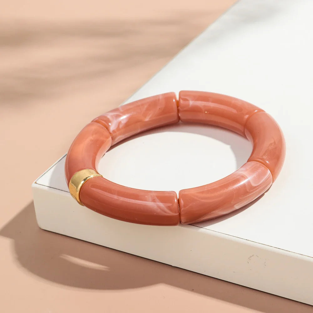 New Big Bamboo Tube Acrylic Stack Bracelet for Women Men Vintage Colorful Resin Chunky Elbow Bead Elastic Bangle Couple Jewelry