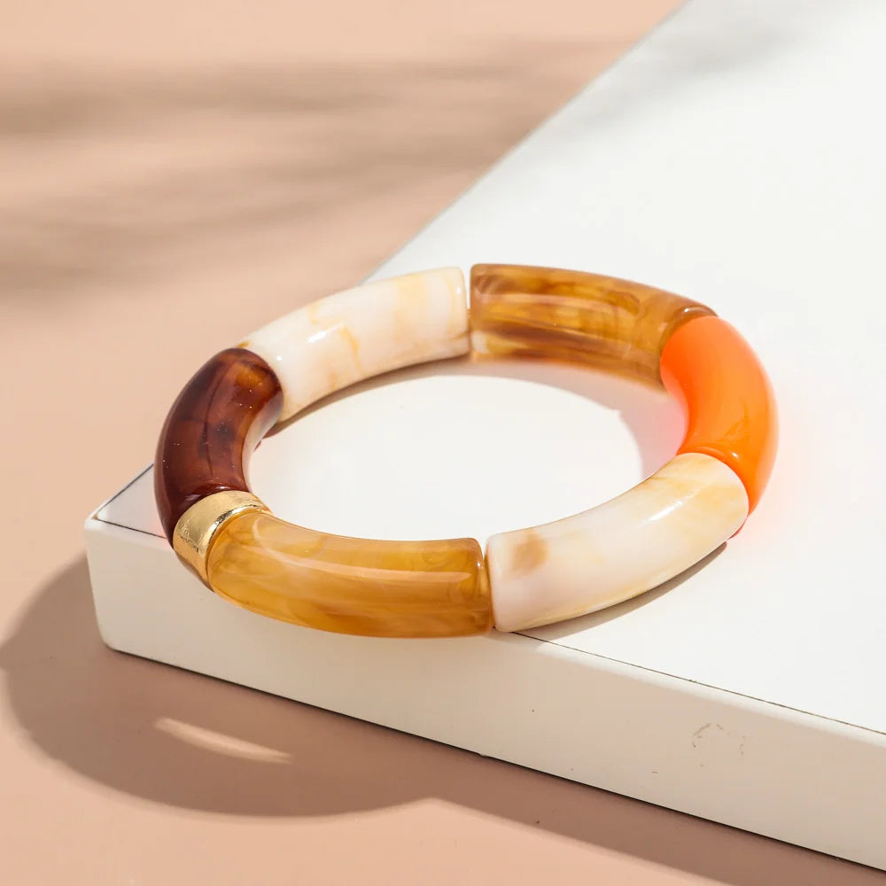 New Big Bamboo Tube Acrylic Stack Bracelet for Women Men Vintage Colorful Resin Chunky Elbow Bead Elastic Bangle Couple Jewelry