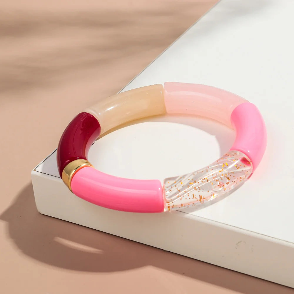 New Big Bamboo Tube Acrylic Stack Bracelet for Women Men Vintage Colorful Resin Chunky Elbow Bead Elastic Bangle Couple Jewelry