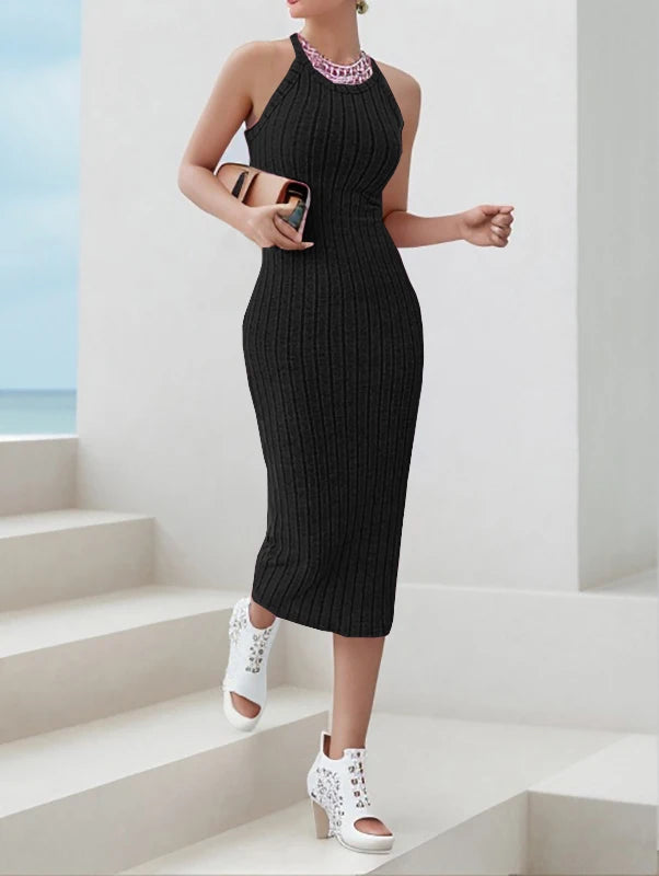 Dresses for Women  Solid Halter Neck Bodycon Ribbed Knit Tank Dress