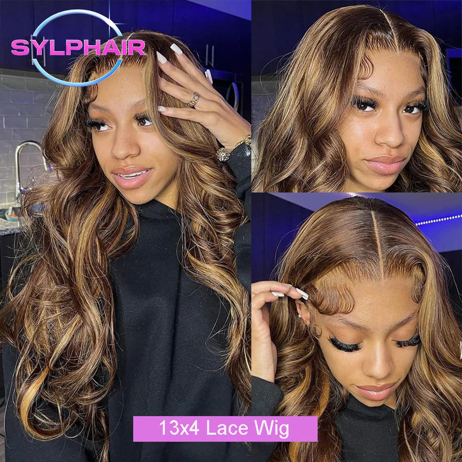 Highlight 13x4 Lace Frontal Wig Human Hair Body Wave 13x6 Hd Lace Front Wig For Women 4/27 Blonde Ombre Brown Colored Wig 36Inch