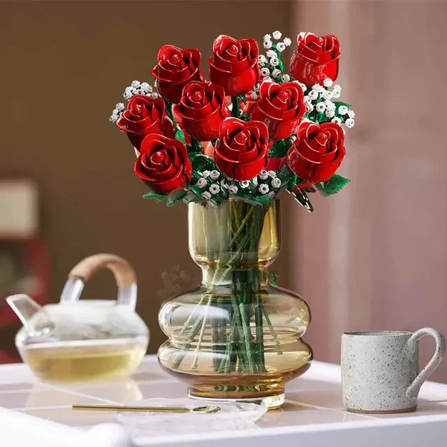 Creative Icon Rose Bouquet 10328 Brick Set Artificial Flowers for Home Decoration Anniversary Birthday Gifts