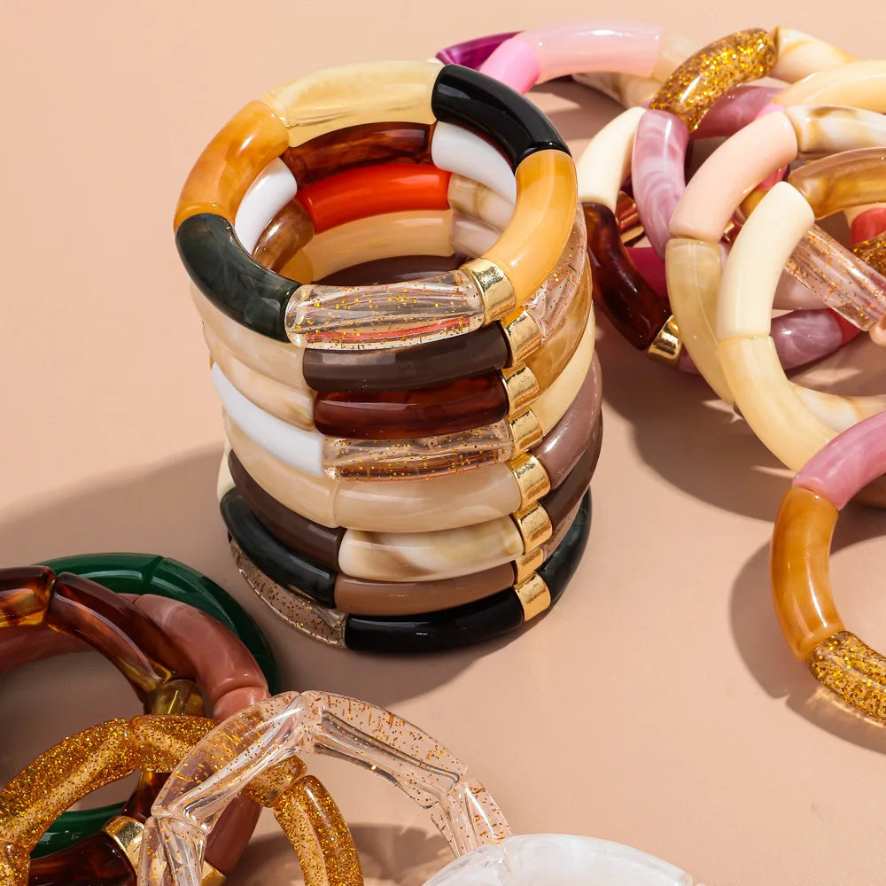 New Big Bamboo Tube Acrylic Stack Bracelet for Women Men Vintage Colorful Resin Chunky Elbow Bead Elastic Bangle Couple Jewelry