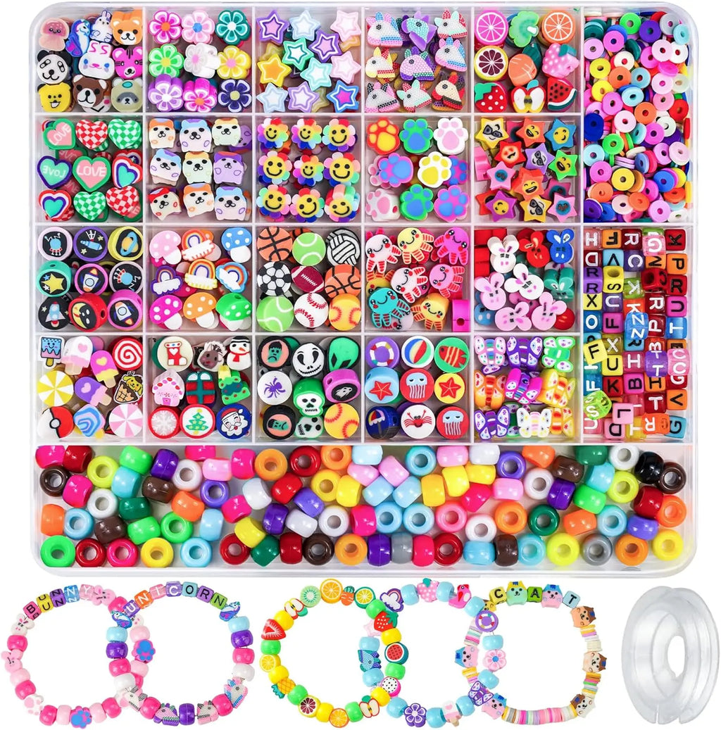 1200 Pcs Polymer Clay Beads Bracelet Making Kit, Animal Fruit Flower Butterfly Bunny Pony Letter Beads Charms for Jewelry making