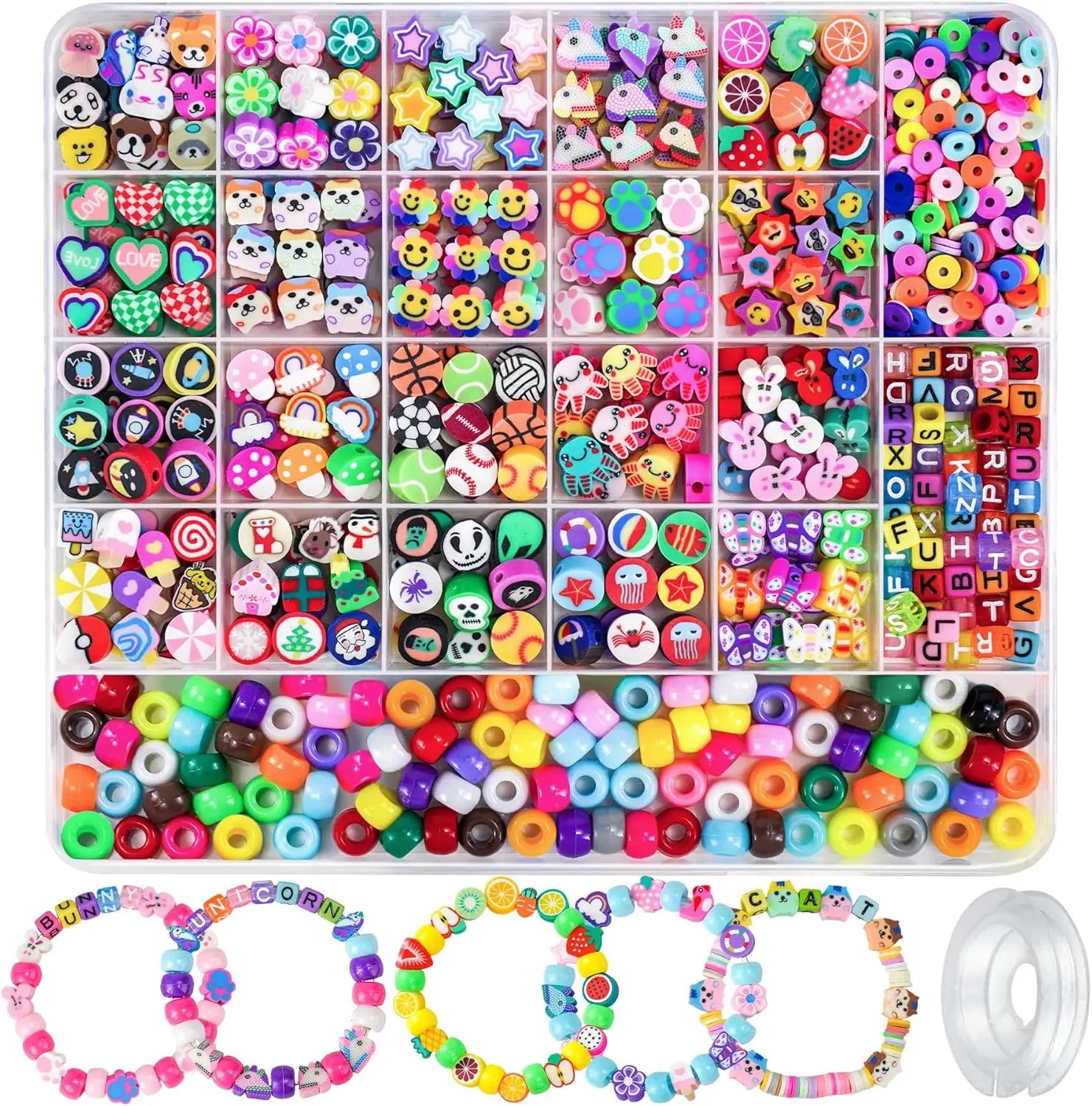 1200 Pcs Polymer Clay Beads Bracelet Making Kit, Animal Fruit Flower Butterfly Bunny Pony Letter Beads Charms for Jewelry making