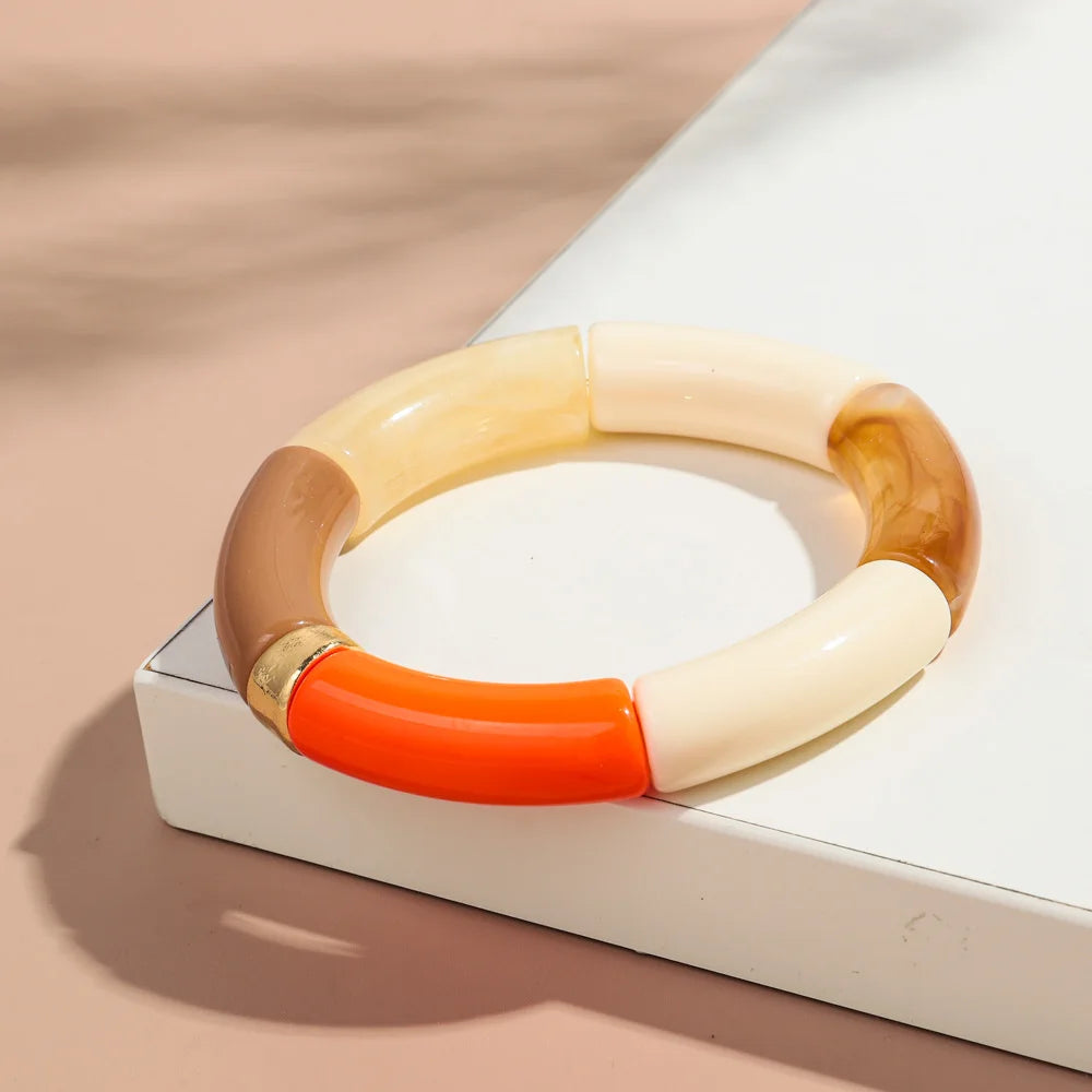 New Big Bamboo Tube Acrylic Stack Bracelet for Women Men Vintage Colorful Resin Chunky Elbow Bead Elastic Bangle Couple Jewelry