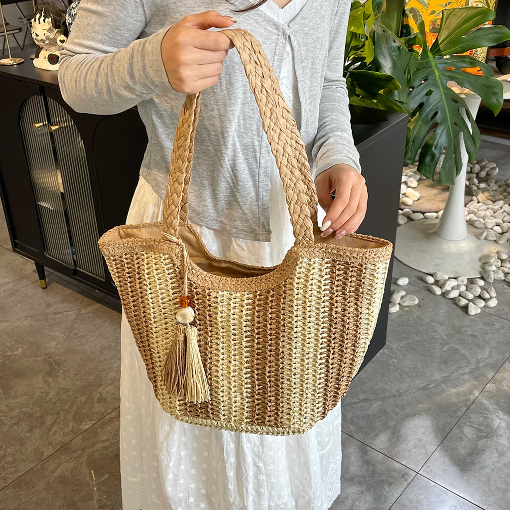 Women handbags.2025 Summer New Striped Handbag Large-capacity lightweight leisure one-shoulder straw bag holiday shopping basket