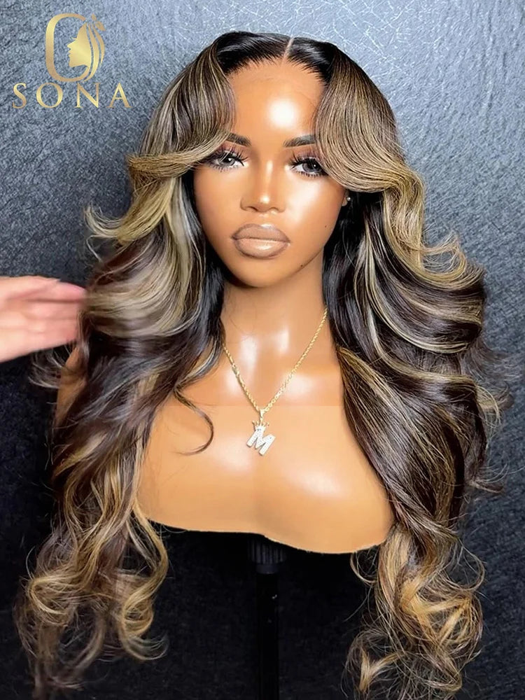 1B/27 HD Transparent 13x4 13x6 Lace Frontal Body Wave Human Hair Wigs Brown Stripe Highlights Honey Blonde Pre Plucked For Women