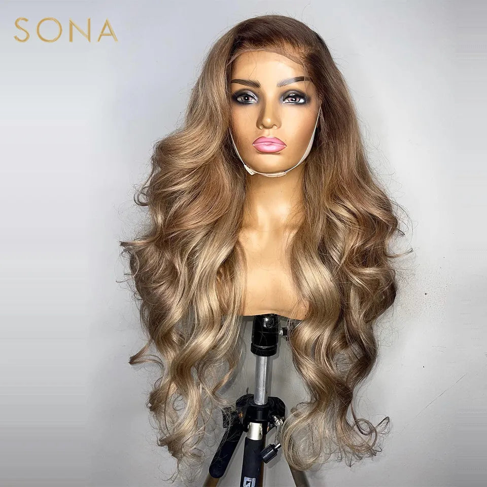 13x6 HD Transparent Lace Frontal Wig Pre Plucked Ombre Honey Blonde Lace Front Wigs Colored Human Hair Wigs with Brown Root