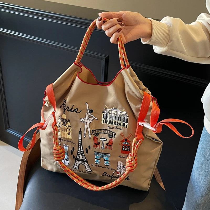 Embroidered handbags with niche designs, lightweight and portable large capacity shopping bags, fashionable retro handbags, and
