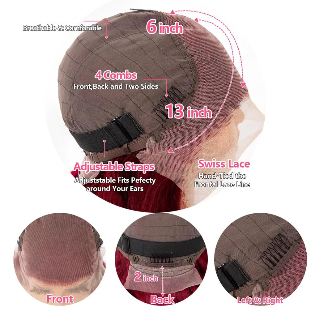 13x6 Hd Lace Frontal Wig Human Hair Wigs 99j Red Burgundy Colored Body Wave Human Hair Wigs  HD Transparent Lace Frontal wigs