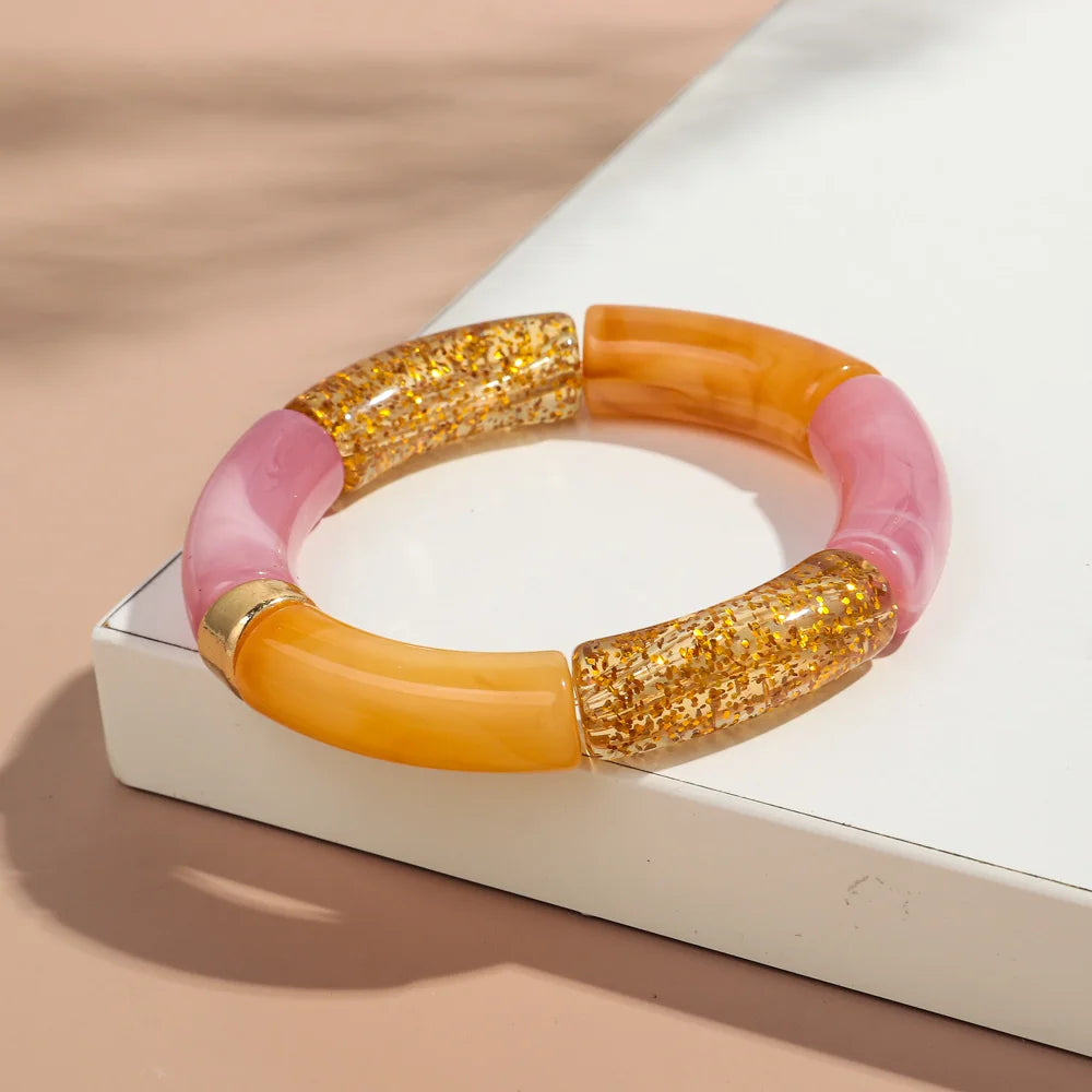 New Big Bamboo Tube Acrylic Stack Bracelet for Women Men Vintage Colorful Resin Chunky Elbow Bead Elastic Bangle Couple Jewelry