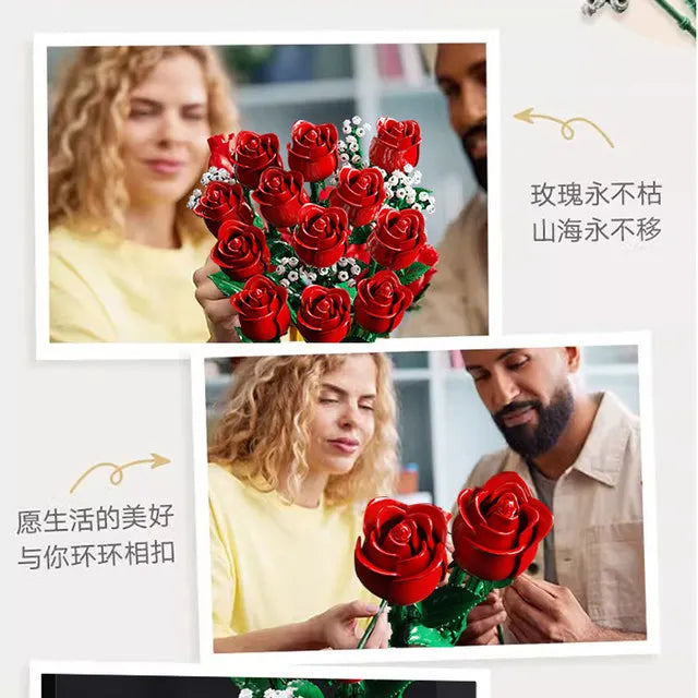 Creative Icon Rose Bouquet 10328 Brick Set Artificial Flowers for Home Decoration Anniversary Birthday Gifts