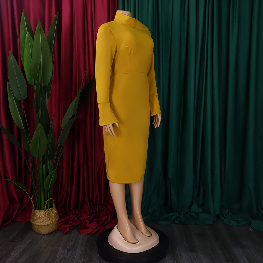 Dresses for Women 2024 New Skew Collar Full Sleeve Solid Sheath Package Hips Mid Calf Professional African Business Work Dress