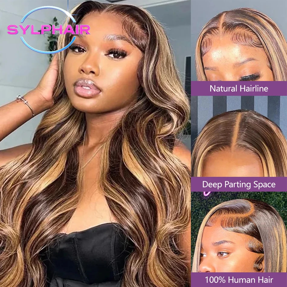 Highlight 13x4 Lace Frontal Wig Human Hair Body Wave 13x6 Hd Lace Front Wig For Women 4/27 Blonde Ombre Brown Colored Wig 36Inch