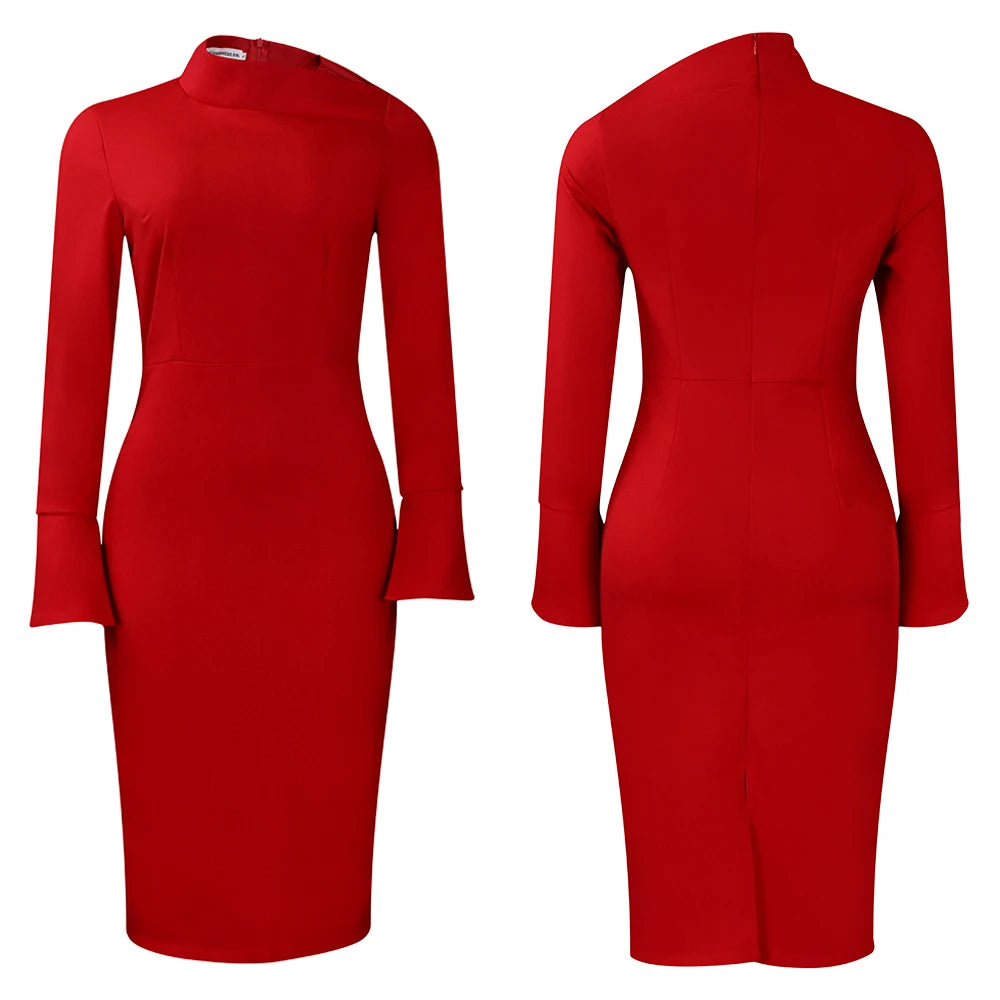 Dresses for Women 2024 New Skew Collar Full Sleeve Solid Sheath Package Hips Mid Calf Professional African Business Work Dress
