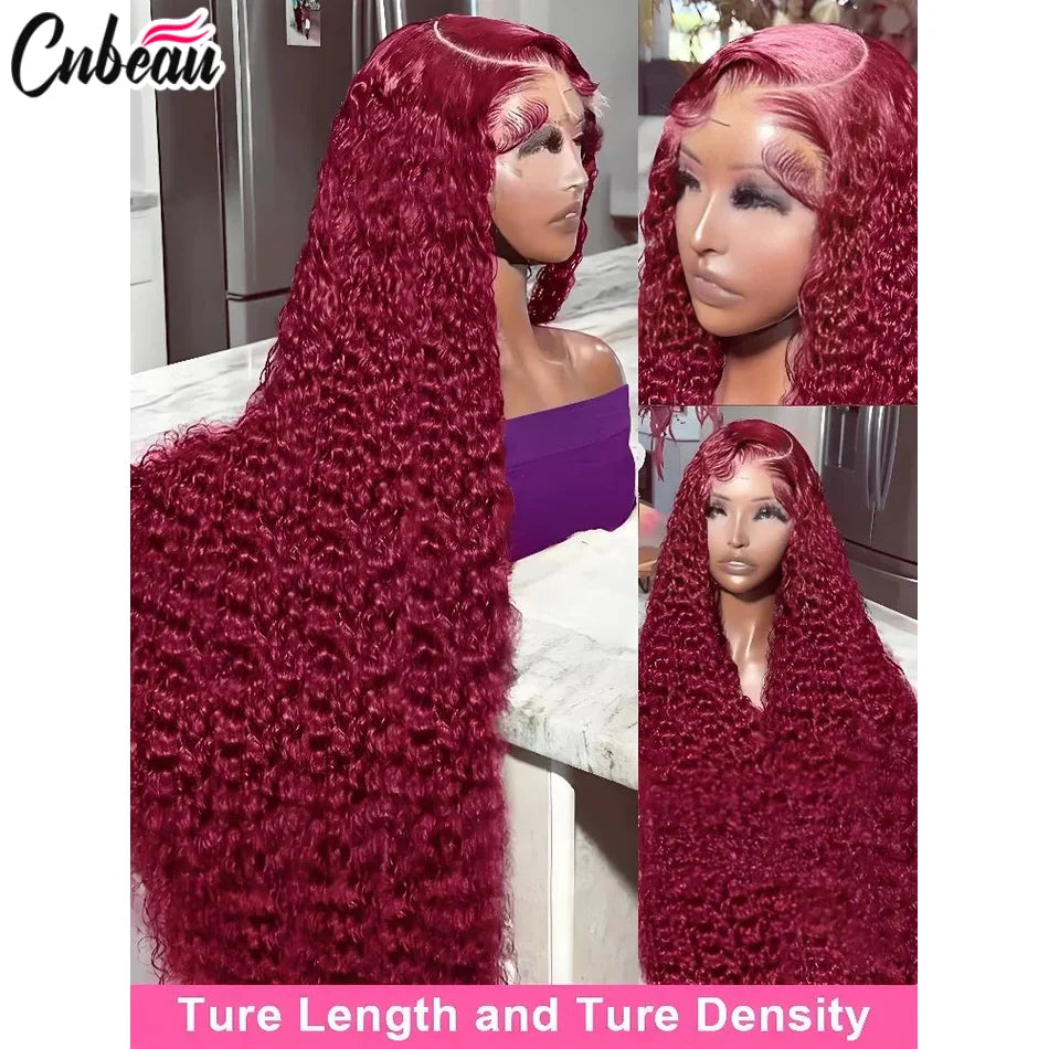 250% 30 36 Inch 13x4 HD Lace Frontal Wig Kinky Curly 99J Burgund Red Wine Hd Lace Human Hair Wigs Glueless Brazilian Water Wave