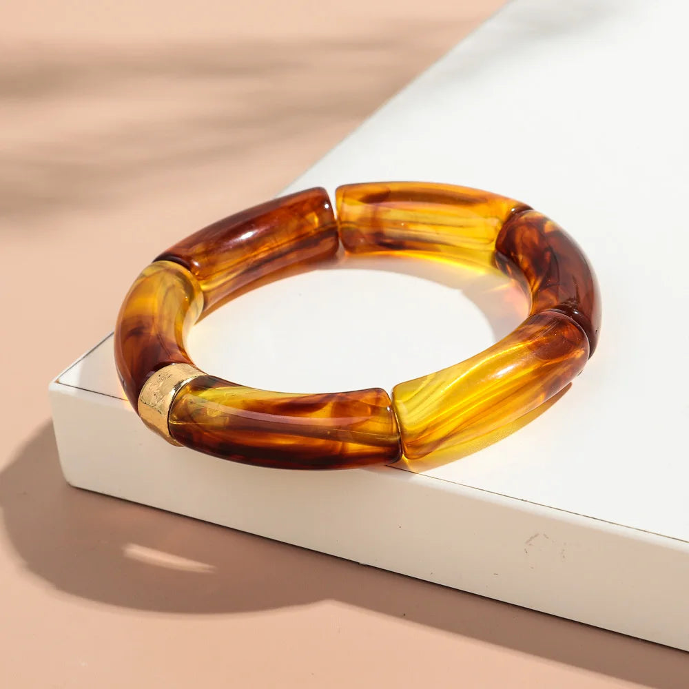 New Big Bamboo Tube Acrylic Stack Bracelet for Women Men Vintage Colorful Resin Chunky Elbow Bead Elastic Bangle Couple Jewelry