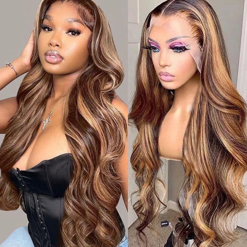 Highlight Brown Body Wave T Part Lace Front Wig Human Hair Wigs For Women Pre Plucked Honey Blonde Colored Cheap Hair Wigs