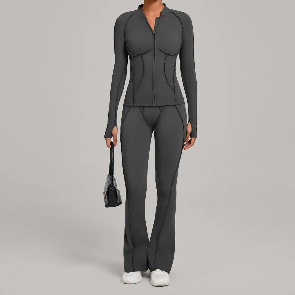 Gym Yoga Outfit for Women Autumn Winter Zipper Long Sleeve Fitness Suit Daily Casual Running Fitness Sportswear Two-Piece Sets