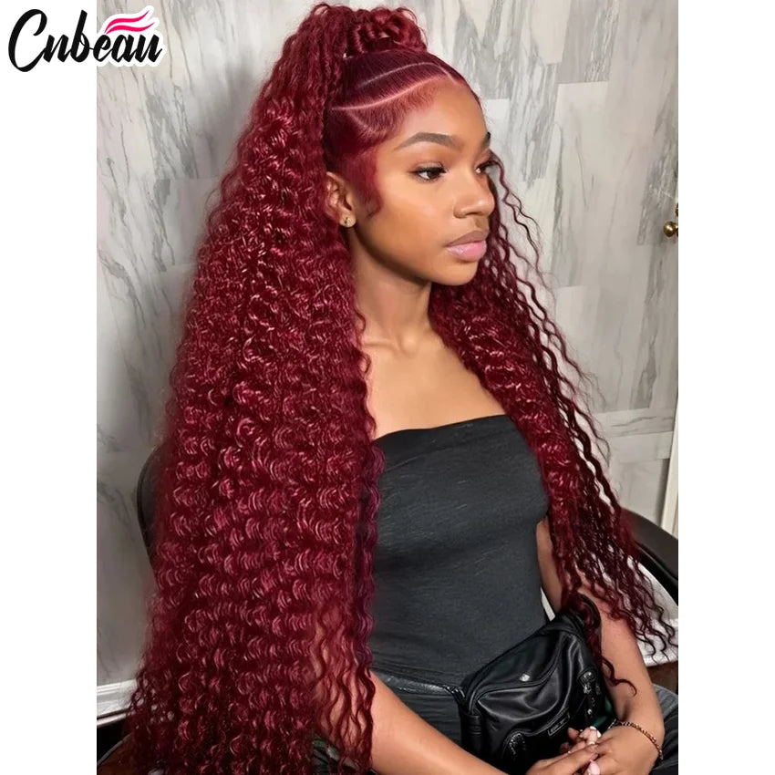 250% 30 36 Inch 13x4 HD Lace Frontal Wig Kinky Curly 99J Burgund Red Wine Hd Lace Human Hair Wigs Glueless Brazilian Water Wave