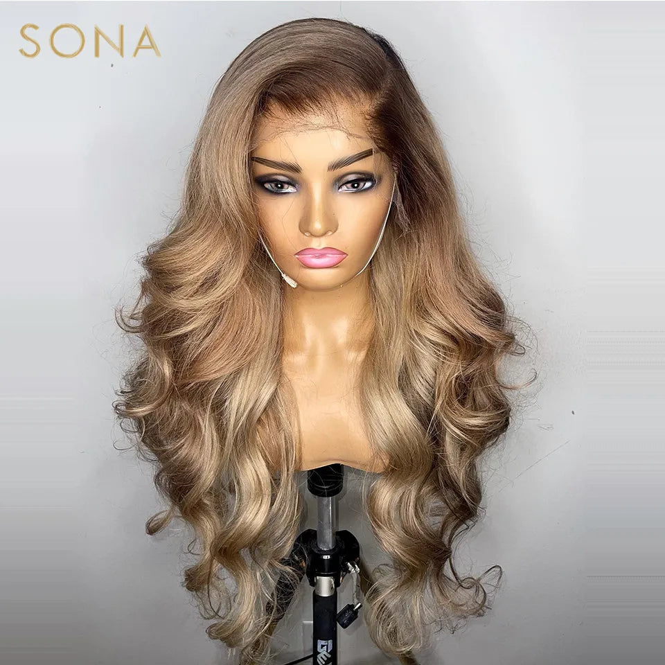 13x6 HD Transparent Lace Frontal Wig Pre Plucked Ombre Honey Blonde Lace Front Wigs Colored Human Hair Wigs with Brown Root
