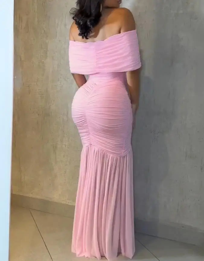 Dresses for Women 2025 Elegant Sexy Off Shoulder Ruched Cinched Waist Evening Dress Slim Fit Mermaid Hem Party Dress