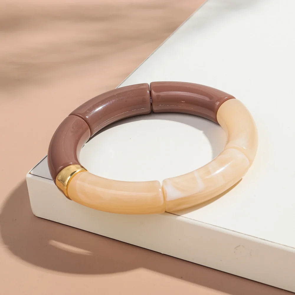 New Big Bamboo Tube Acrylic Stack Bracelet for Women Men Vintage Colorful Resin Chunky Elbow Bead Elastic Bangle Couple Jewelry