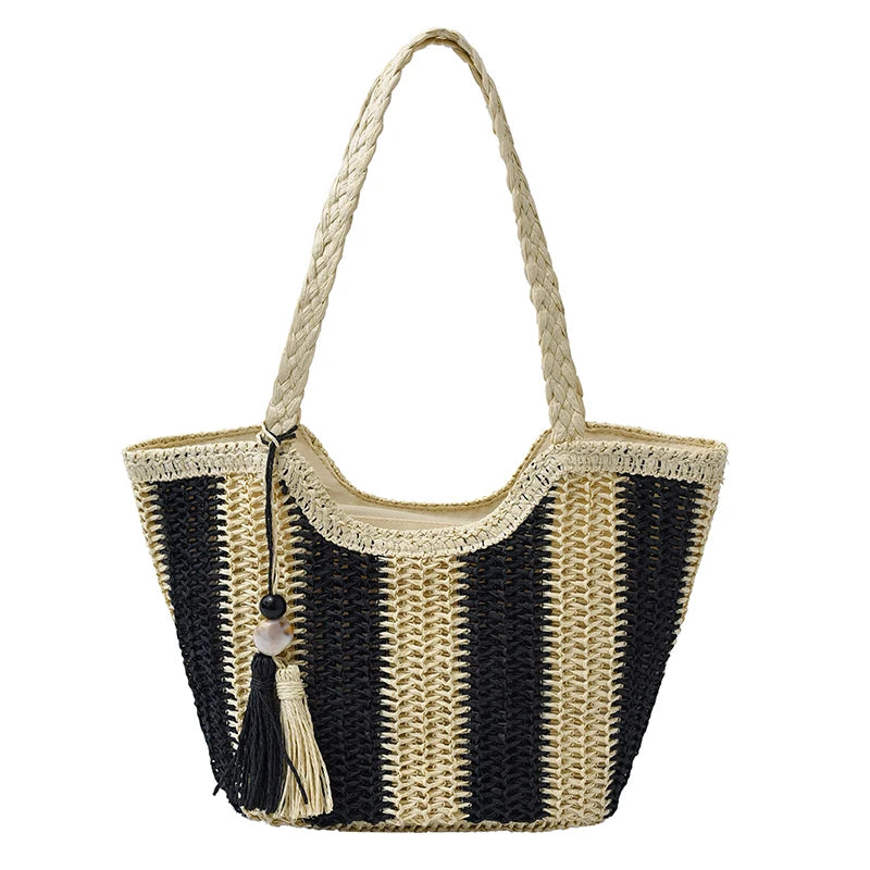 Women handbags.2025 Summer New Striped Handbag Large-capacity lightweight leisure one-shoulder straw bag holiday shopping basket