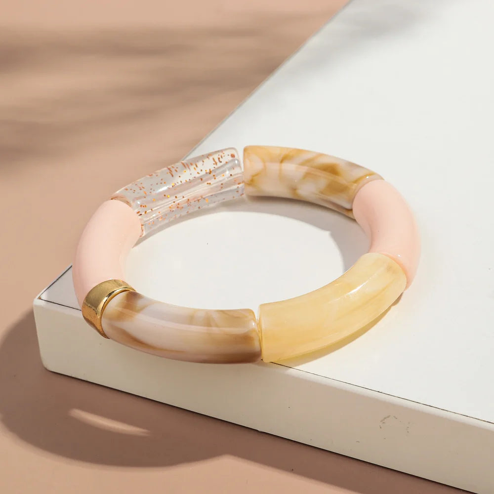 New Big Bamboo Tube Acrylic Stack Bracelet for Women Men Vintage Colorful Resin Chunky Elbow Bead Elastic Bangle Couple Jewelry