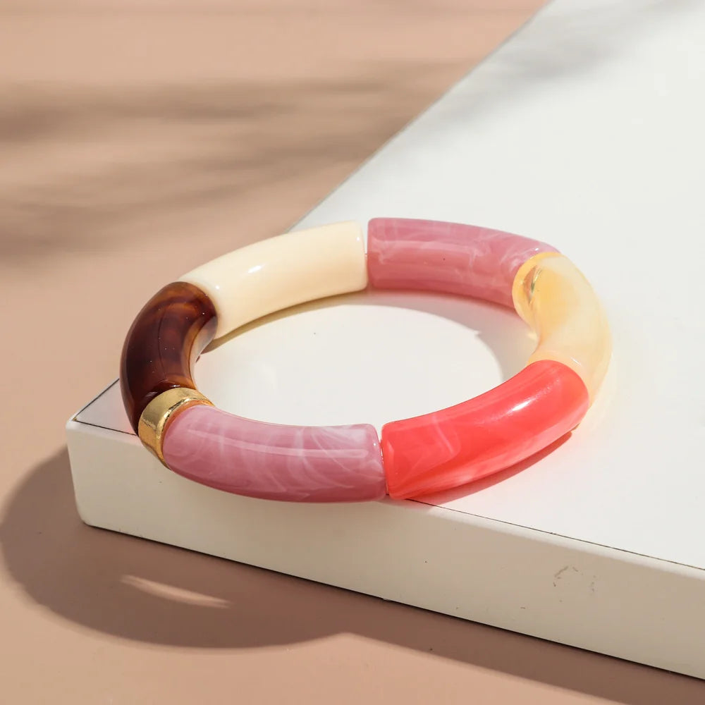 New Big Bamboo Tube Acrylic Stack Bracelet for Women Men Vintage Colorful Resin Chunky Elbow Bead Elastic Bangle Couple Jewelry