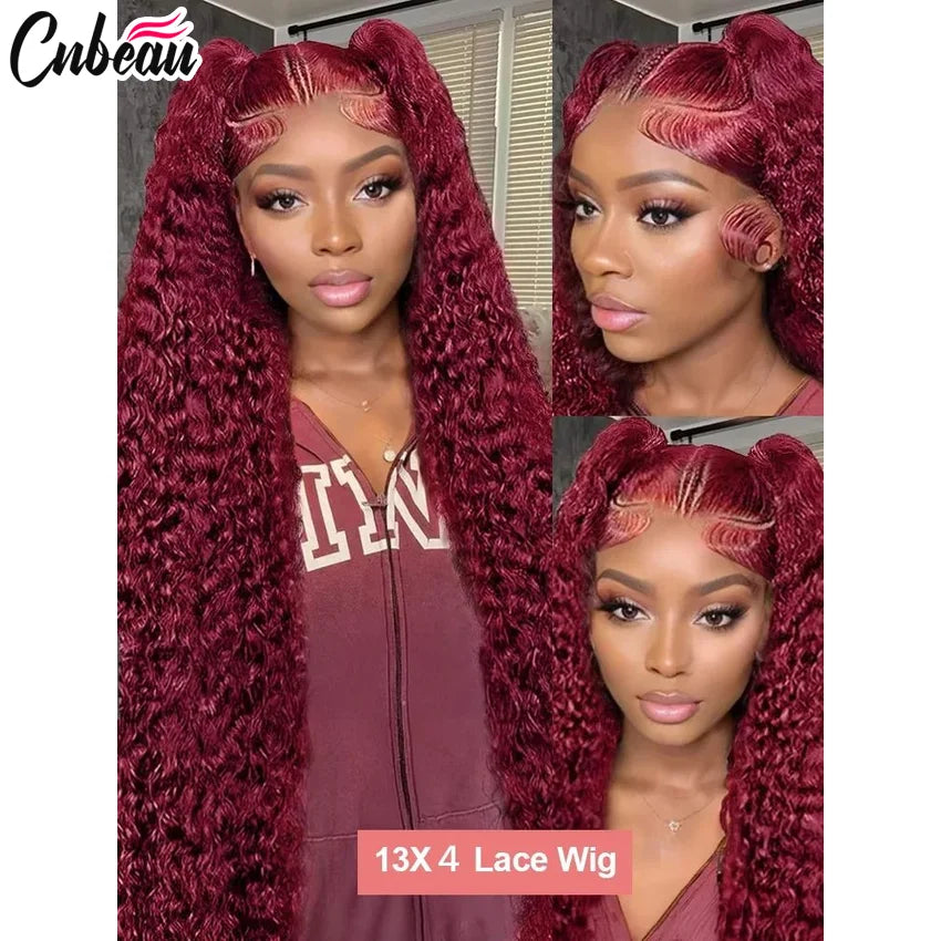250% 30 36 Inch 13x4 HD Lace Frontal Wig Kinky Curly 99J Burgund Red Wine Hd Lace Human Hair Wigs Glueless Brazilian Water Wave