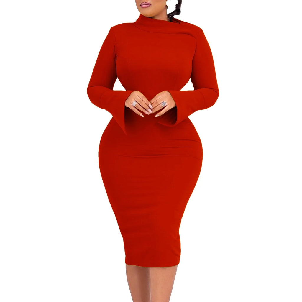 Dresses for Women 2024 New Skew Collar Full Sleeve Solid Sheath Package Hips Mid Calf Professional African Business Work Dress